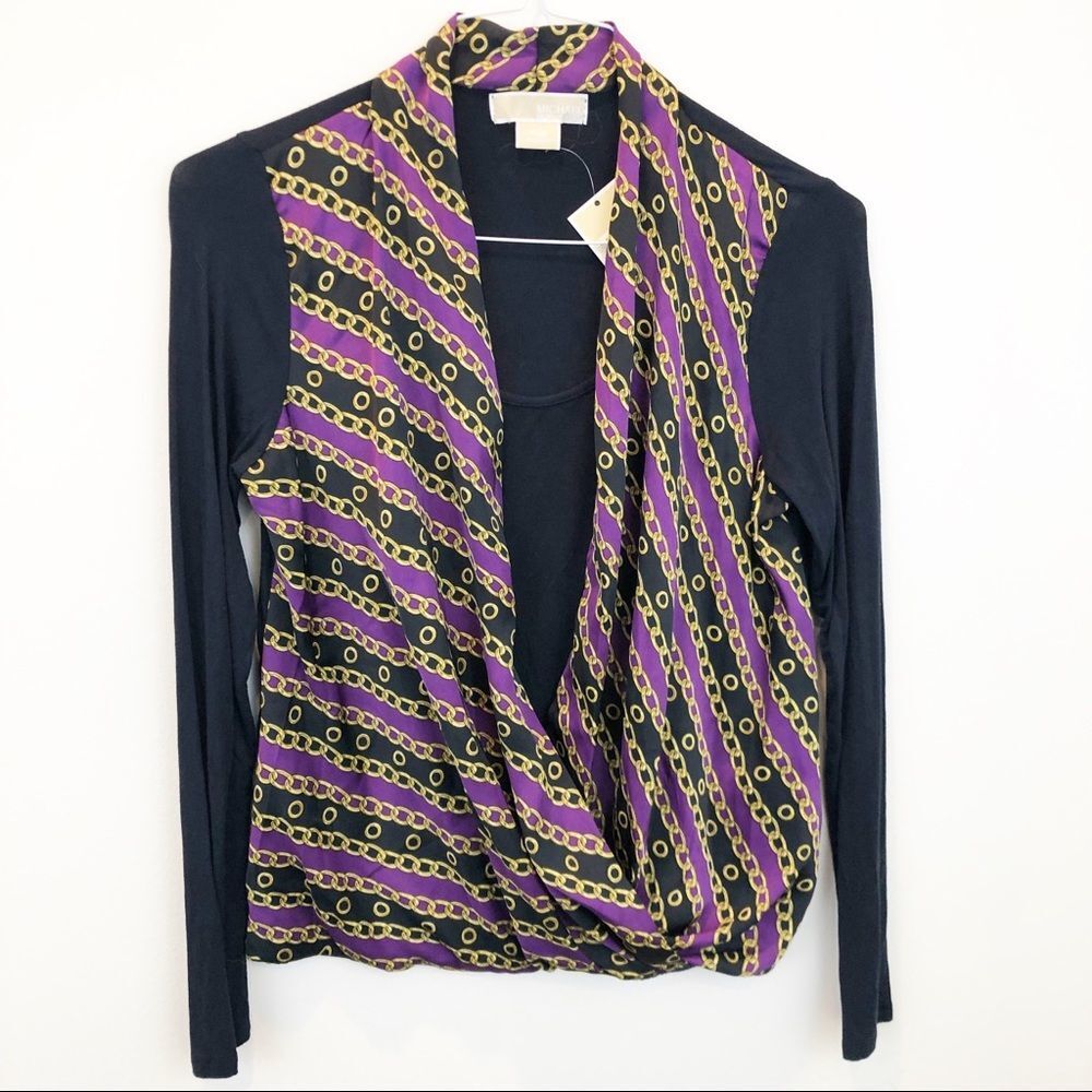 Michael Kors Faux Wrap Mixed Media Blue Top NWT